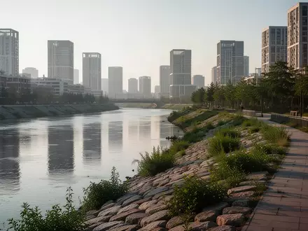 Ein ruhiges Flussufer mit einer Uferpromenade und modernen Gebäudesilhouetten im Hintergrund als Symbol für städtebauliche Entwicklung. - Foto: über boerse-global.de