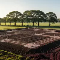 Ein frisch erschlossenes Baugrundstück auf einem Feld mit abgesteckten Flächen für den Wohnungsbau. - Foto: über boerse-global.de
