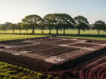 Ein frisch erschlossenes Baugrundstück auf einem Feld mit abgesteckten Flächen für den Wohnungsbau. - Foto: über boerse-global.de