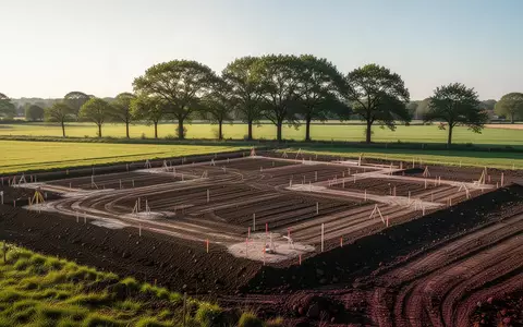 Ein frisch erschlossenes Baugrundstück auf einem Feld mit abgesteckten Flächen für den Wohnungsbau. - Foto: über boerse-global.de