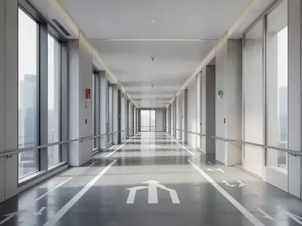 Ein moderner, minimalistischer Flur in einem Bürogebäude mit klaren architektonischen Linien und hellem Tageslicht. - Foto: über boerse-global.de