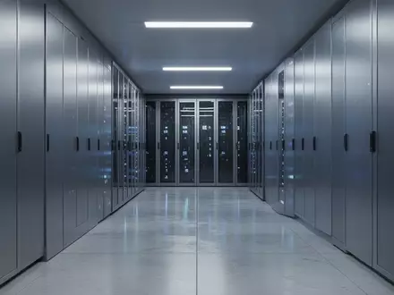 Ein minimalistisch gestalteter Serverraum mit kühler Beleuchtung und ordentlichen Server-Racks in einem modernen Rechenzentrum. - Foto: über boerse-global.de