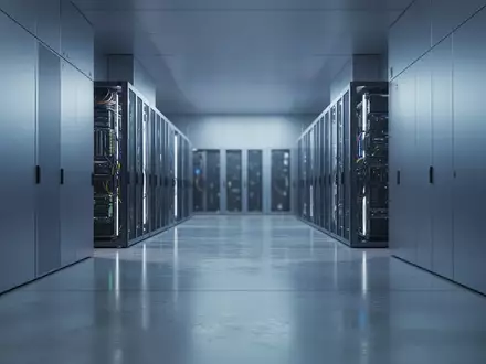Ein minimalistisch gestalteter, moderner Serverraum mit blauer Beleuchtung und reflektierenden Böden. - Foto: über boerse-global.de