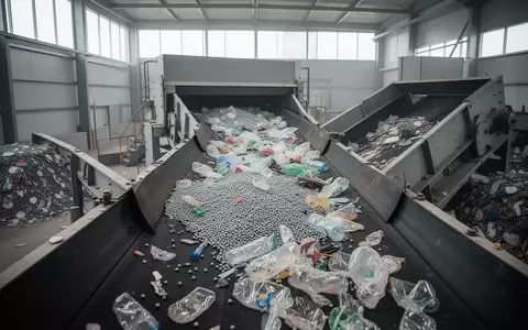 Ein Förderband in einer industriellen Sortieranlage mit recycelbaren Kunststoffmaterialien. - Foto: über boerse-global.de