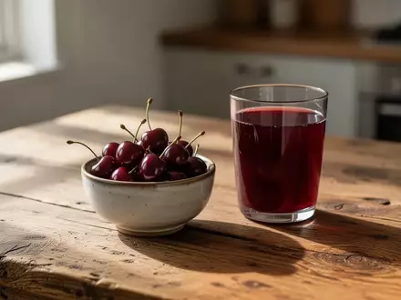 Eine Schale mit frischen Sauerkirschen und ein Glas Saft auf einem Holztisch bei natürlichem Licht. - Foto: über boerse-global.de