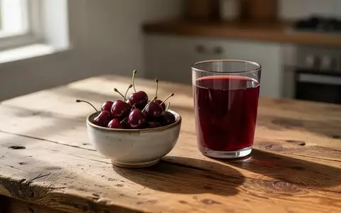 Eine Schale mit frischen Sauerkirschen und ein Glas Saft auf einem Holztisch bei natürlichem Licht. - Foto: über boerse-global.de