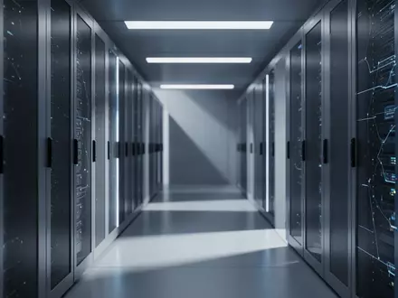 Abstrakte Ansicht eines modernen Serverraums mit kühler Beleuchtung und klaren architektonischen Linien. - Foto: über boerse-global.de