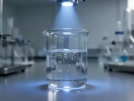 Ein steriles Laborumfeld mit einem Glasbecher, der von einem blauen LED-Lichtstrahl beleuchtet wird. - Foto: über boerse-global.de