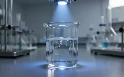 Ein steriles Laborumfeld mit einem Glasbecher, der von einem blauen LED-Lichtstrahl beleuchtet wird. - Foto: über boerse-global.de