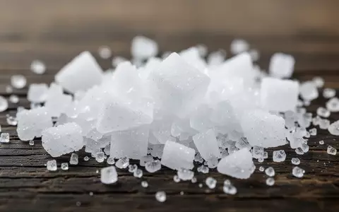 Weiße Zuckerkristalle auf einer dunklen Holzoberfläche in einer Nahaufnahme. - Foto: über boerse-global.de