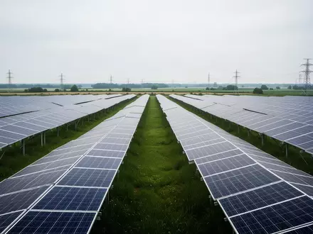 Weitläufige Solaranlage in einer ländlichen Umgebung mit zahlreichen Photovoltaik-Modulen unter einem bedeckten Himmel. - Foto: über boerse-global.de
