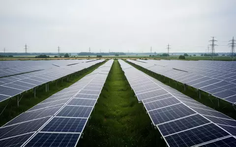 Weitläufige Solaranlage in einer ländlichen Umgebung mit zahlreichen Photovoltaik-Modulen unter einem bedeckten Himmel. - Foto: über boerse-global.de