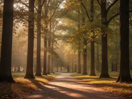 Ein sonnendurchfluteter Parkweg in einem Wald im Herbst, der eine ruhige und gesunde Umgebung symbolisiert. - Foto: über boerse-global.de