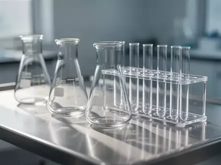 Leere Glasbecher und Reagenzgläser auf einem klinischen Edelstahltisch in einem hellen, sterilen Labor. - Foto: über boerse-global.de