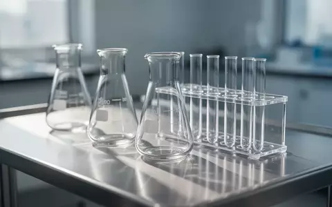 Leere Glasbecher und Reagenzgläser auf einem klinischen Edelstahltisch in einem hellen, sterilen Labor. - Foto: über boerse-global.de