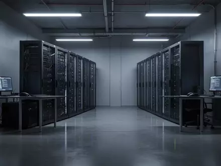 Ein minimalistischer, hochmoderner Serverraum mit kühler Beleuchtung und poliertem Betonboden. - Foto: über boerse-global.de
