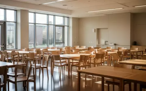 Ein heller, leerer Veranstaltungsraum in einem kommunalen Gebäude mit Stuhlreihen und Tischen bei Tageslicht. - Foto: über boerse-global.de