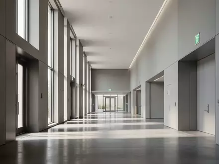 Ein minimalistischer, leerer Flur in einem modernen öffentlichen Gebäude bei Tageslicht. - Foto: über boerse-global.de