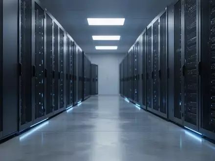 Ein moderner, minimalistischer Serverraum mit blauer Beleuchtung und glatten Betonböden, der digitale Sicherheit symbolisiert. - Foto: über boerse-global.de