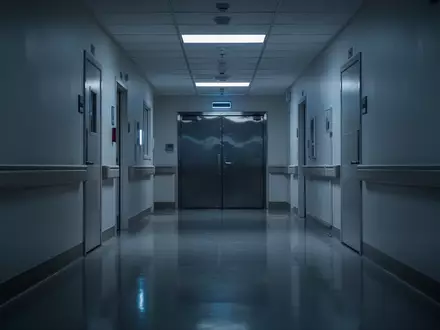 Ein steriler, menschenleerer Krankenhausflur bei Nacht mit kĂĽhler Beleuchtung. - Foto: ĂĽber boerse-global.de