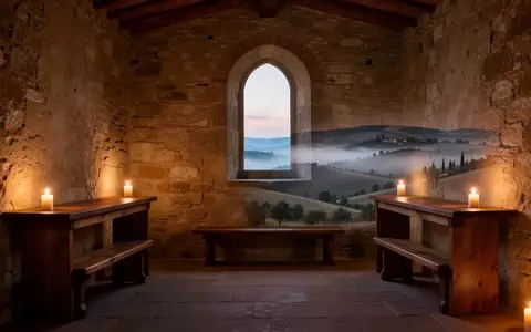 Ein minimalistisch eingerichtetes Steinzimmer in einem klosterähnlichen Gebäude in Umbrien bei sanftem Kerzenlicht. - Foto: über boerse-global.de