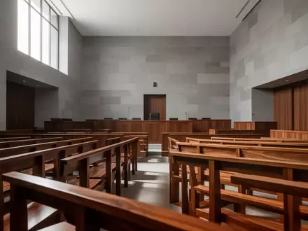 Ein minimalistischer, leerer Gerichtssaal mit modernen Holzbänken und hellem Lichteinfall durch ein hohes Fenster. - Foto: über boerse-global.de