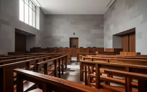 Ein minimalistischer, leerer Gerichtssaal mit modernen Holzbänken und hellem Lichteinfall durch ein hohes Fenster. - Foto: über boerse-global.de