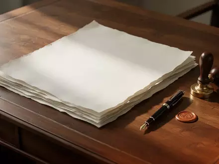 Ein hölzerner Notartisch mit hochwertigem Papier und einem Siegelstempel in weichem Tageslicht. - Foto: ĂŒber boerse-global.de