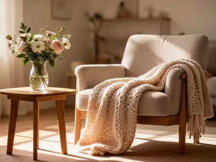 Ein sonnendurchfluteter, wohnlicher Raum mit einem gemütlichen Sessel und einer Blumenvase auf einem Beistelltisch. - Foto: über boerse-global.de