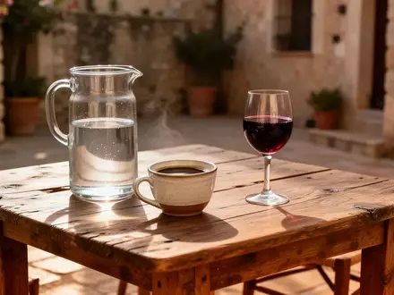 Ein rustikaler Holztisch mit Wasser, schwarzem Kaffee und einem Glas Rotwein in einer sonnigen mediterranen Umgebung. - Foto: über boerse-global.de
