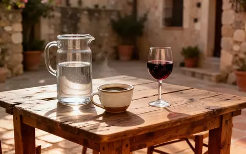 Ein rustikaler Holztisch mit Wasser, schwarzem Kaffee und einem Glas Rotwein in einer sonnigen mediterranen Umgebung. - Foto: über boerse-global.de