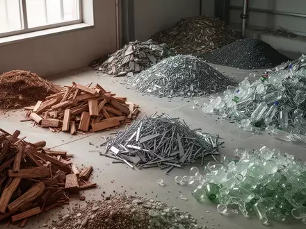Sortierte Haufen aus verschiedenen Wertstoffen wie Holz, Metall und Glas in einer sauberen Sortieranlage. - Foto: über boerse-global.de