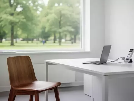 Ein minimalistischer, heller Behandlungsraum mit einem weißen Schreibtisch und einem Fenster mit Blick ins Grüne. - Foto: über boerse-global.de