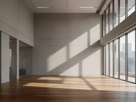 Ein minimalistischer, leerer Büroraum mit großen Glasfronten und geometrischem Schattenwurf auf einem Holzboden. - Foto: über boerse-global.de