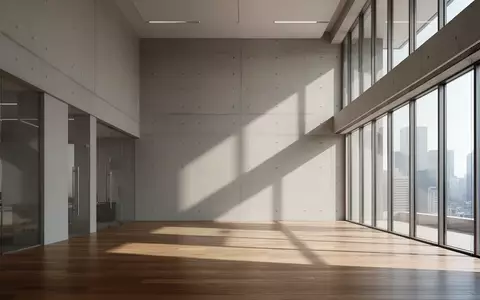 Ein minimalistischer, leerer Büroraum mit großen Glasfronten und geometrischem Schattenwurf auf einem Holzboden. - Foto: über boerse-global.de
