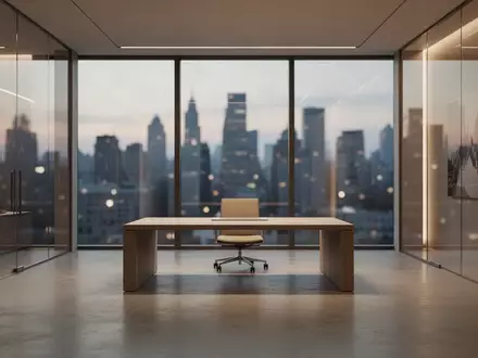 Ein minimalistisch gestaltetes, leeres Büro mit Blick auf eine nächtliche Skyline bei Dämmerung. - Foto: über boerse-global.de