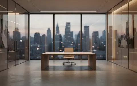 Ein minimalistisch gestaltetes, leeres Büro mit Blick auf eine nächtliche Skyline bei Dämmerung. - Foto: über boerse-global.de