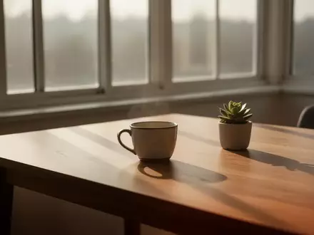 Ein minimalistischer, aufgeräumter Schreibtisch mit einer Kaffeetasse und einer Pflanze in einem sonnendurchfluteten Raum. - Foto: über boerse-global.de