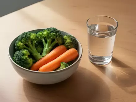 Eine Schale mit frischem Gemüse und ein Glas Wasser auf einem Holztisch als Symbol für gesunde Ernährung. - Foto: über boerse-global.de