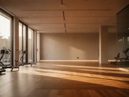 Ein minimalistischer, leerer Fitnessraum mit hellem Holzboden und natürlichem Lichteinfall durch große Fenster. - Foto: über boerse-global.de