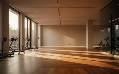 Ein minimalistischer, leerer Fitnessraum mit hellem Holzboden und natürlichem Lichteinfall durch große Fenster. - Foto: über boerse-global.de