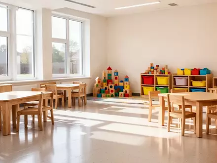 Ein heller, leerer Gruppenraum in einer Kindertagesstätte mit Holzmöbeln und natürlichem Lichteinfall. - Foto: über boerse-global.de