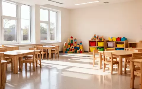 Ein heller, leerer Gruppenraum in einer Kindertagesstätte mit Holzmöbeln und natürlichem Lichteinfall. - Foto: über boerse-global.de