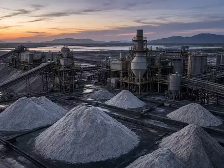 Industrielle Lithium-Verarbeitungsanlage bei Dämmerung mit Fokus auf Rohmaterialien und technischer Infrastruktur. - Foto: über boerse-global.de