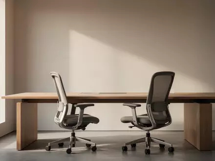 Ein minimalistischer, leerer Büroarbeitsplatz mit einem Holztisch und weichem Tageslicht vor einer neutralen Wand. - Foto: über boerse-global.de