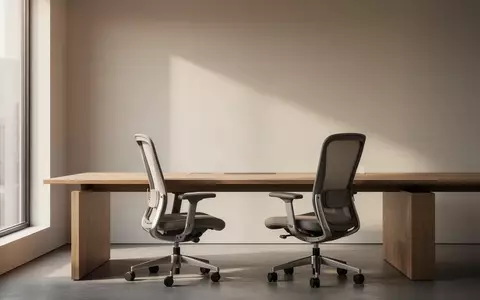 Ein minimalistischer, leerer Büroarbeitsplatz mit einem Holztisch und weichem Tageslicht vor einer neutralen Wand. - Foto: über boerse-global.de