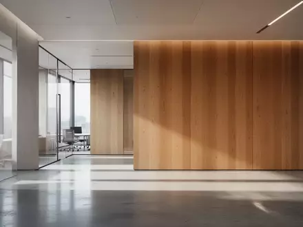 Ein minimalistischer, moderner Innenraum mit klaren Linien und sanftem, natürlichem Licht, das auf eine Holzwand trifft. - Foto: über boerse-global.de