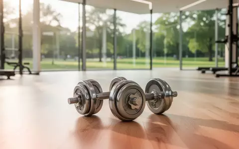 Ein Paar Hanteln auf einem hellen Holzboden in einem lichtdurchfluteten, modernen Fitnessraum. - Foto: über boerse-global.de