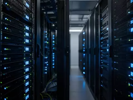 Moderne, minimalistische Serverraum-Architektur mit blau leuchtenden Status-LEDs an Rack-Hardware in einer industriellen Umgebung. - Foto: über boerse-global.de