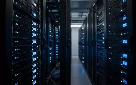 Moderne, minimalistische Serverraum-Architektur mit blau leuchtenden Status-LEDs an Rack-Hardware in einer industriellen Umgebung. - Foto: über boerse-global.de
